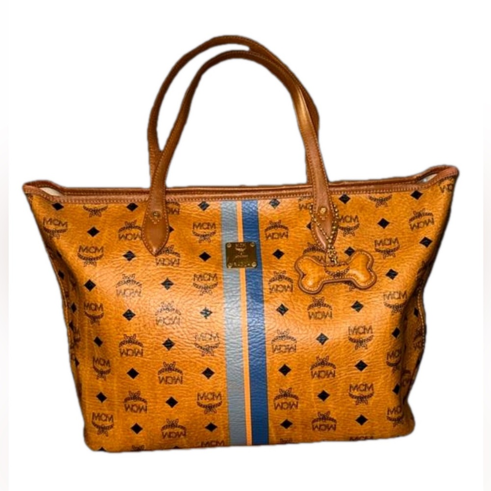 SOLD !!! MCM Cognac Visetos Stripe with Dog Bone Charm Tote Bag